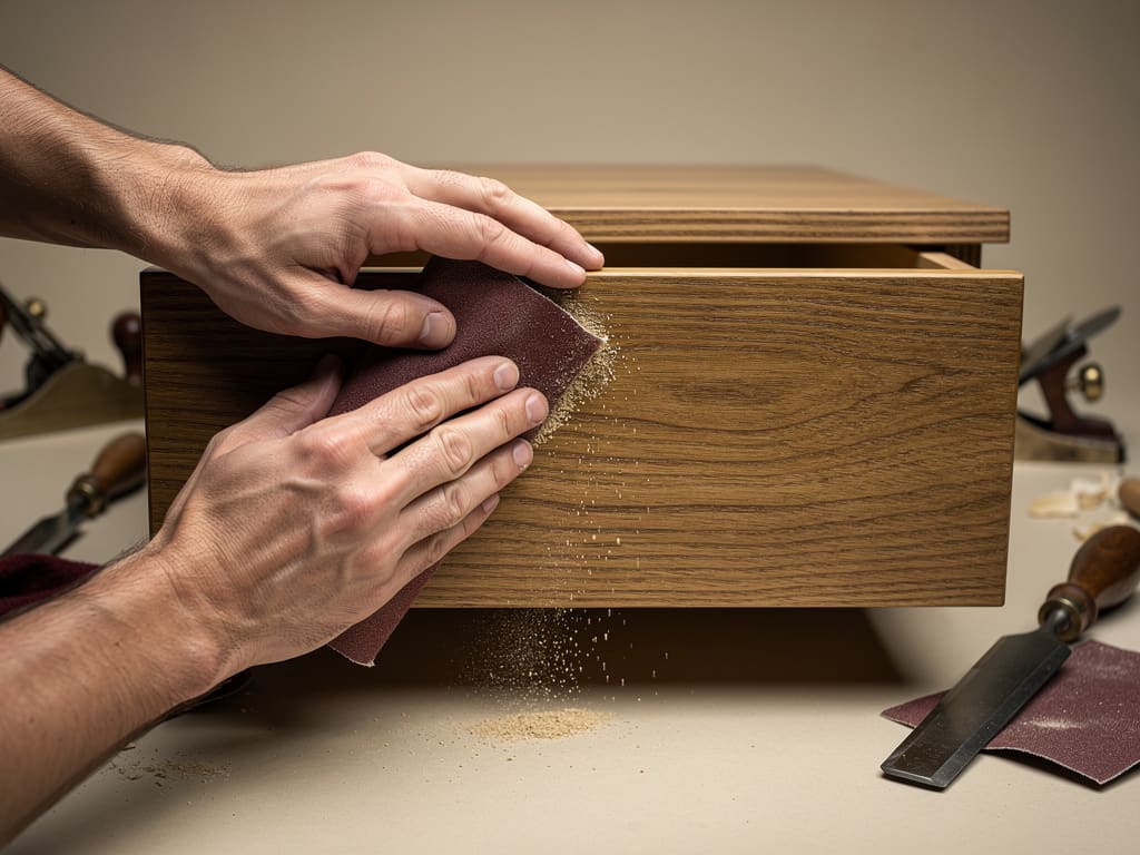 Mani che levigano un cassetto in legno su un banco da lavoro